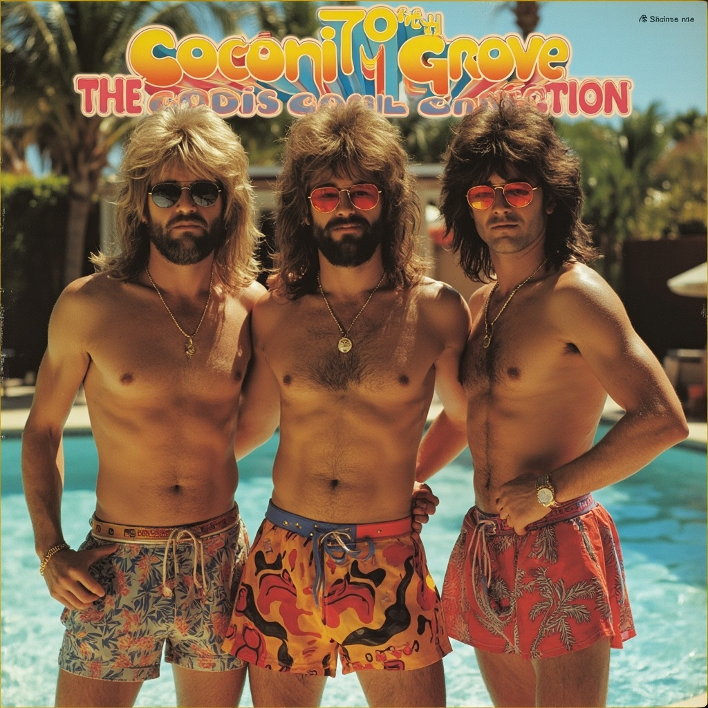 3 hairy chested men all different looking in Album Cover