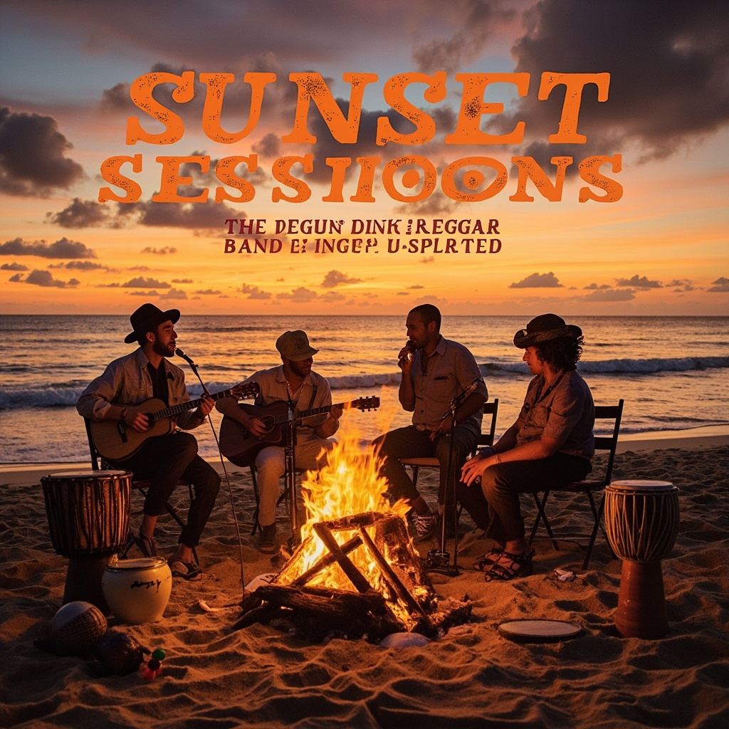 Beach Reggae Album Cover Design with Sunset and Acoustic Performance