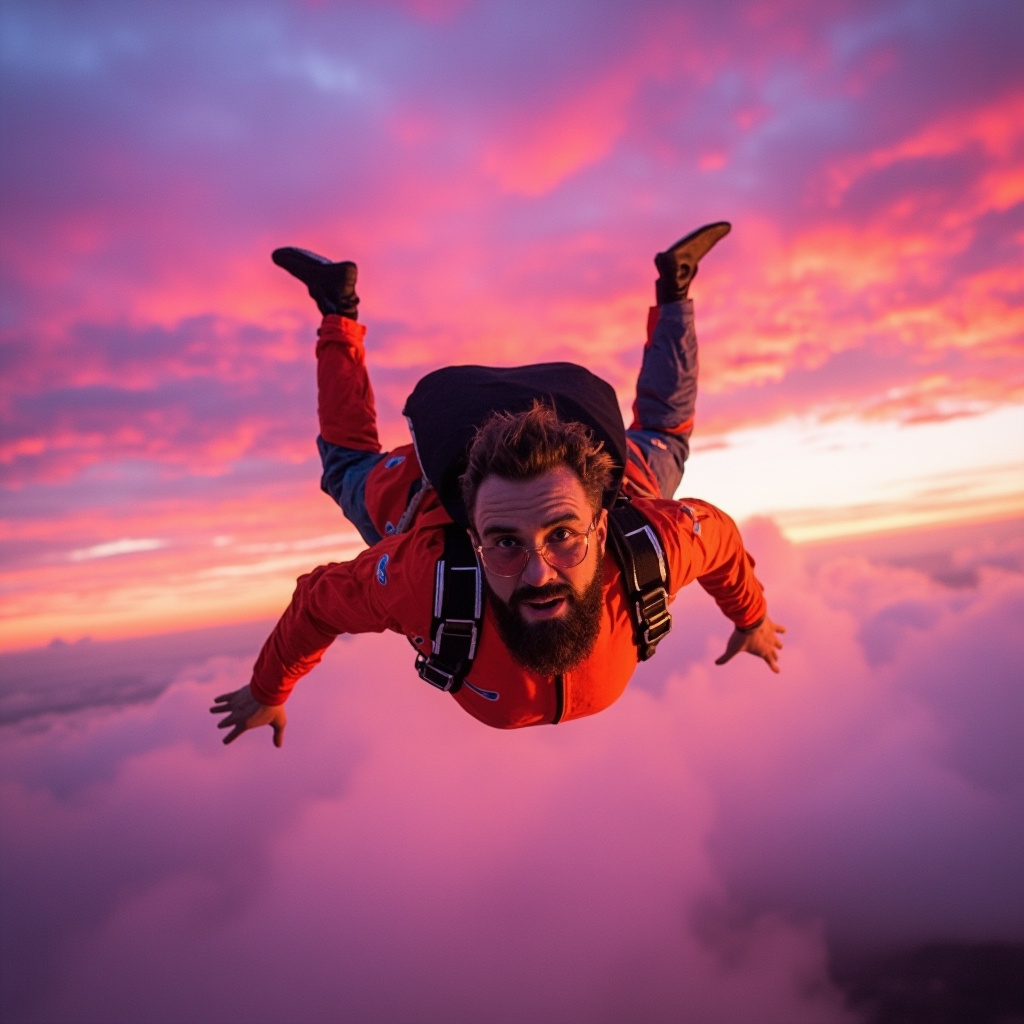A bearded man wearing a wing suit for Album Cover