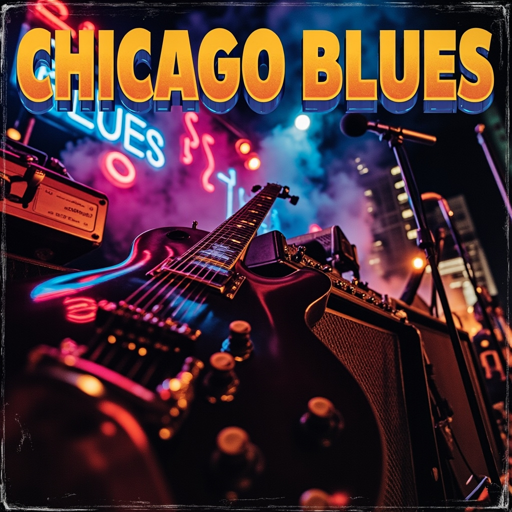Chicago Blues Album Cover Template with Urban Club and Electric Guitar