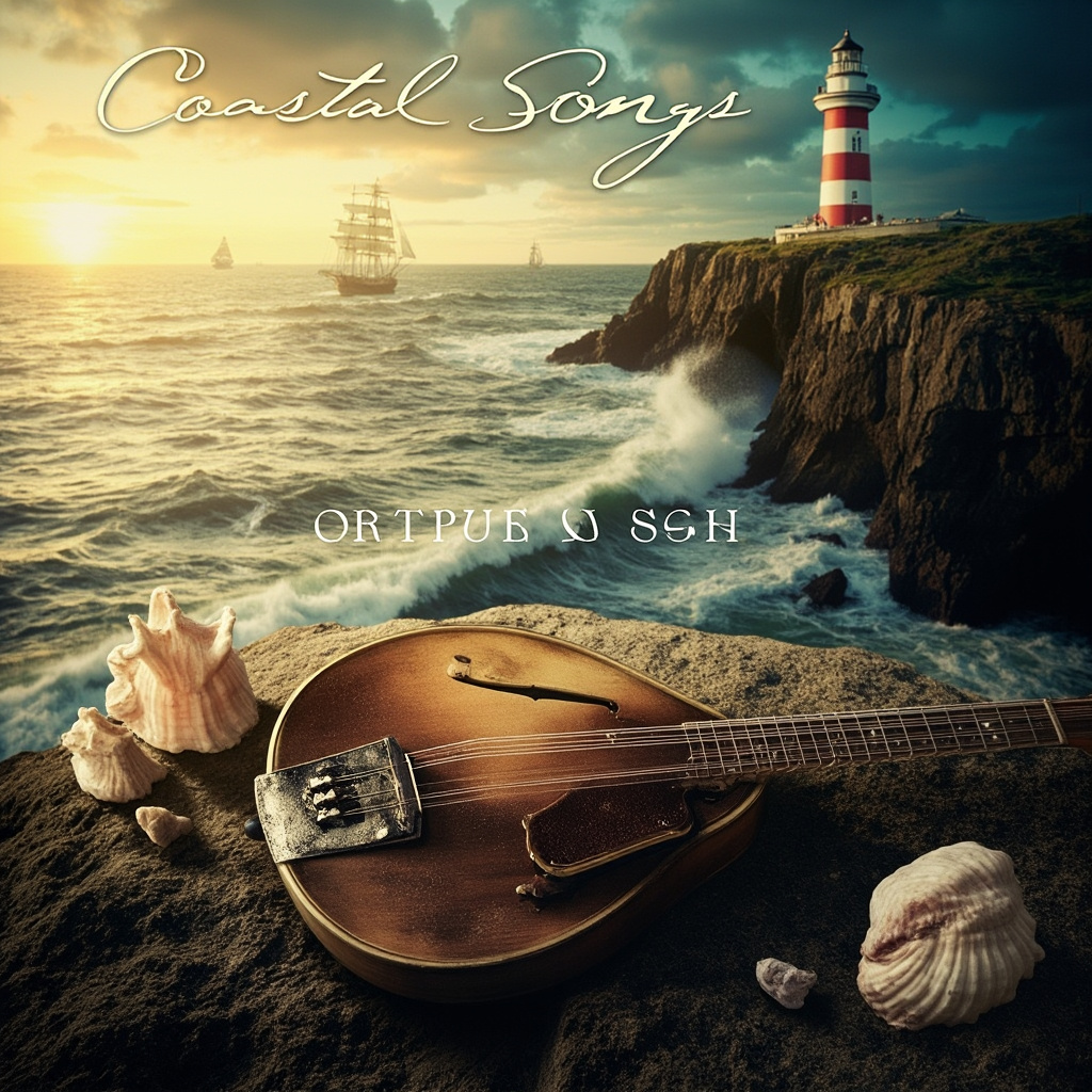 Maritime Folk Album Cover Template with Seaside Cliff and Lighthouse