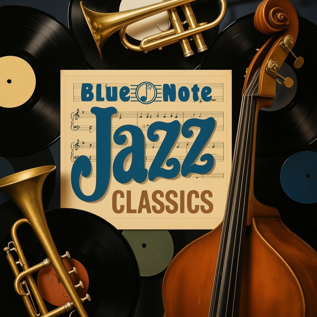 Vintage Jazz Album Cover Template with Classic Instruments and Records