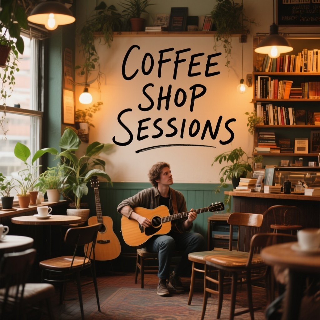 Indie Album Cover Maker with Cozy Coffee Shop and Acoustic Guitar